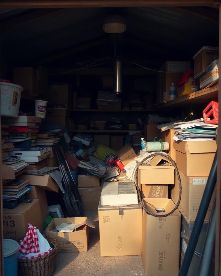 A backyard shed crowded with tools, bags and unsorted equipment.