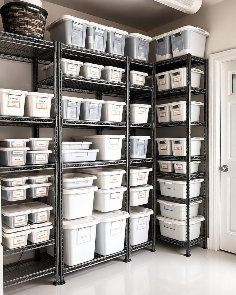 A tidy storage room with shelving, stacked bins and clear walkways.