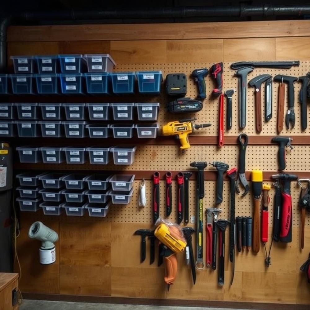 A workshop wall with labelled bins on open shelving and tools hung in rows